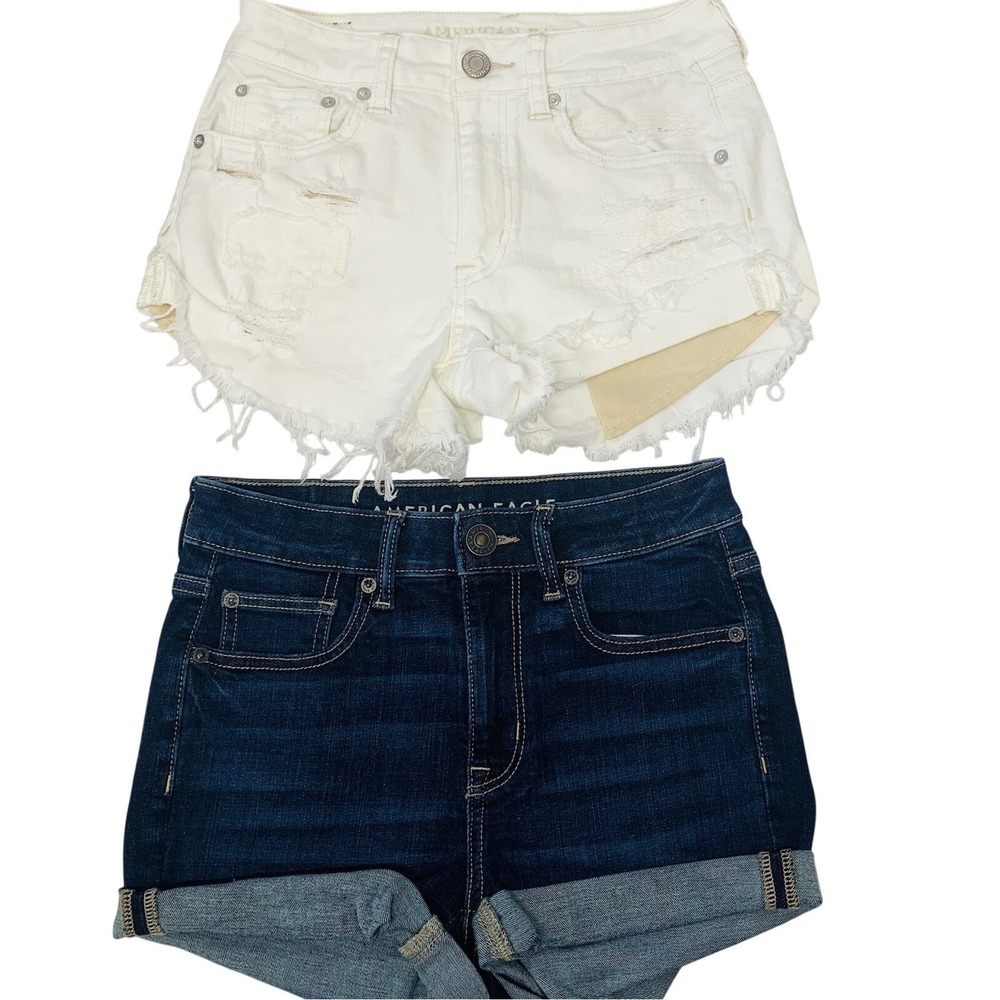 American Eagle Hi Rise Festival Shortie Shorts Woman Sz 2 Lot/2 White Blue Beach